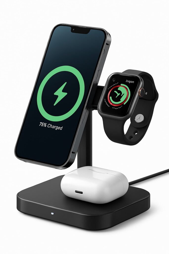 a 3 in 1 charger stand for phone, watch, and earbuds